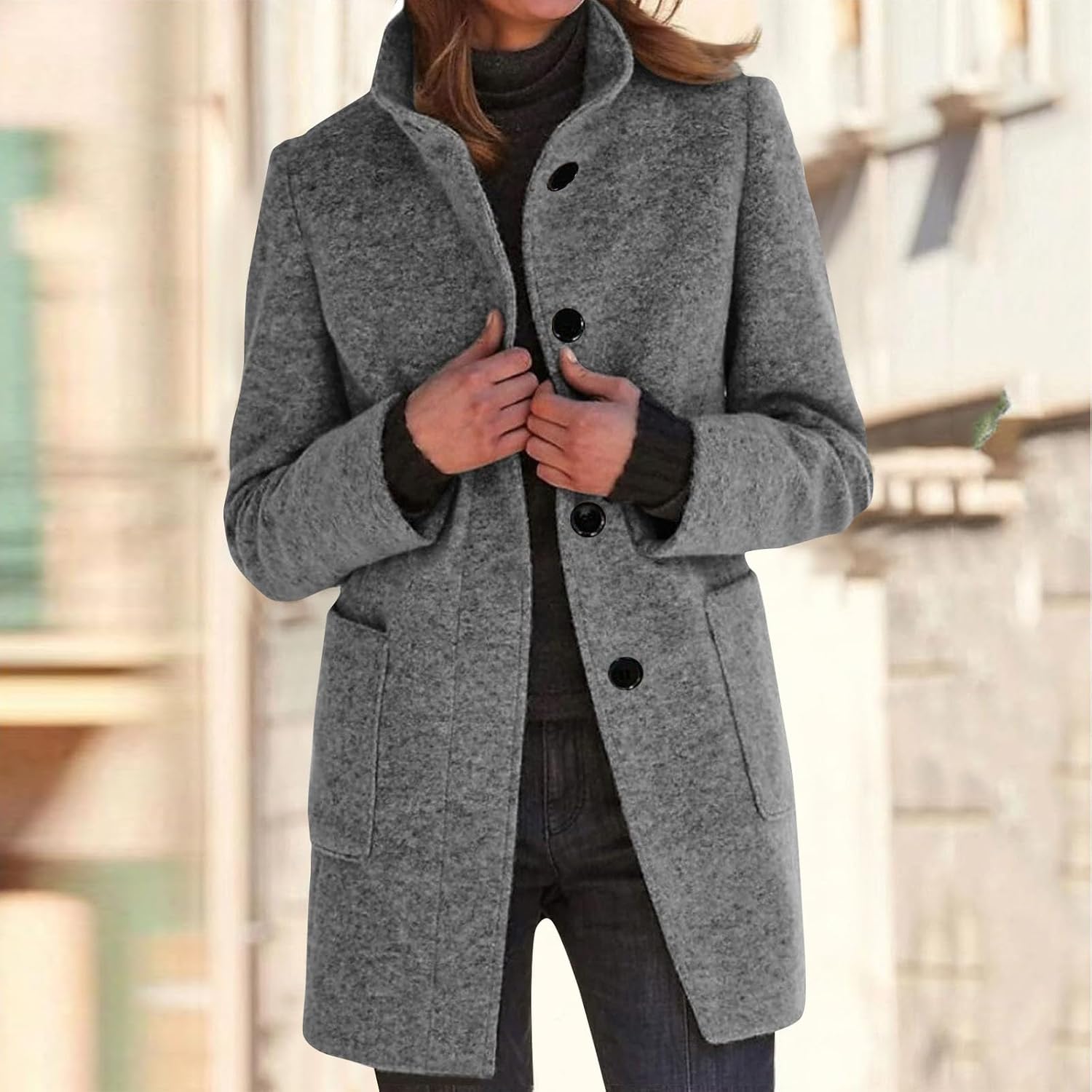 2025🔥Women's Long Casual Solid Color Wool Thicken Long Sleeved Stand-up Coat 