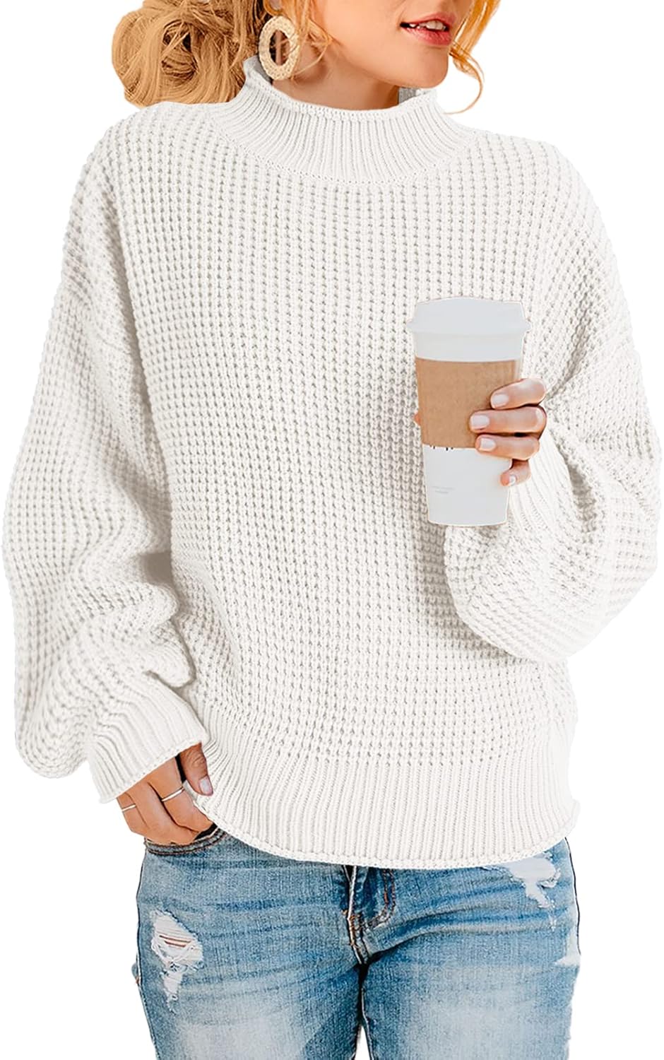 Women's Turtleneck Oversized Sweater Batwing Sleeve Loose Chunky Knit Pullover