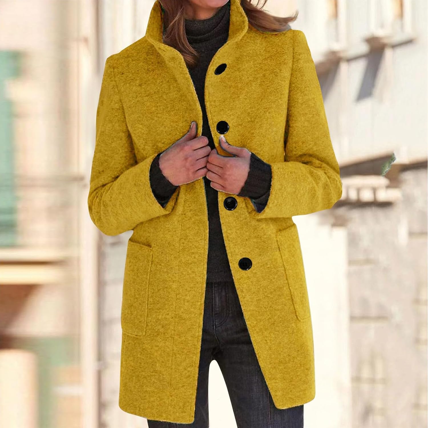 2025🔥Women's Long Casual Solid Color Wool Thicken Long Sleeved Stand-up Coat 
