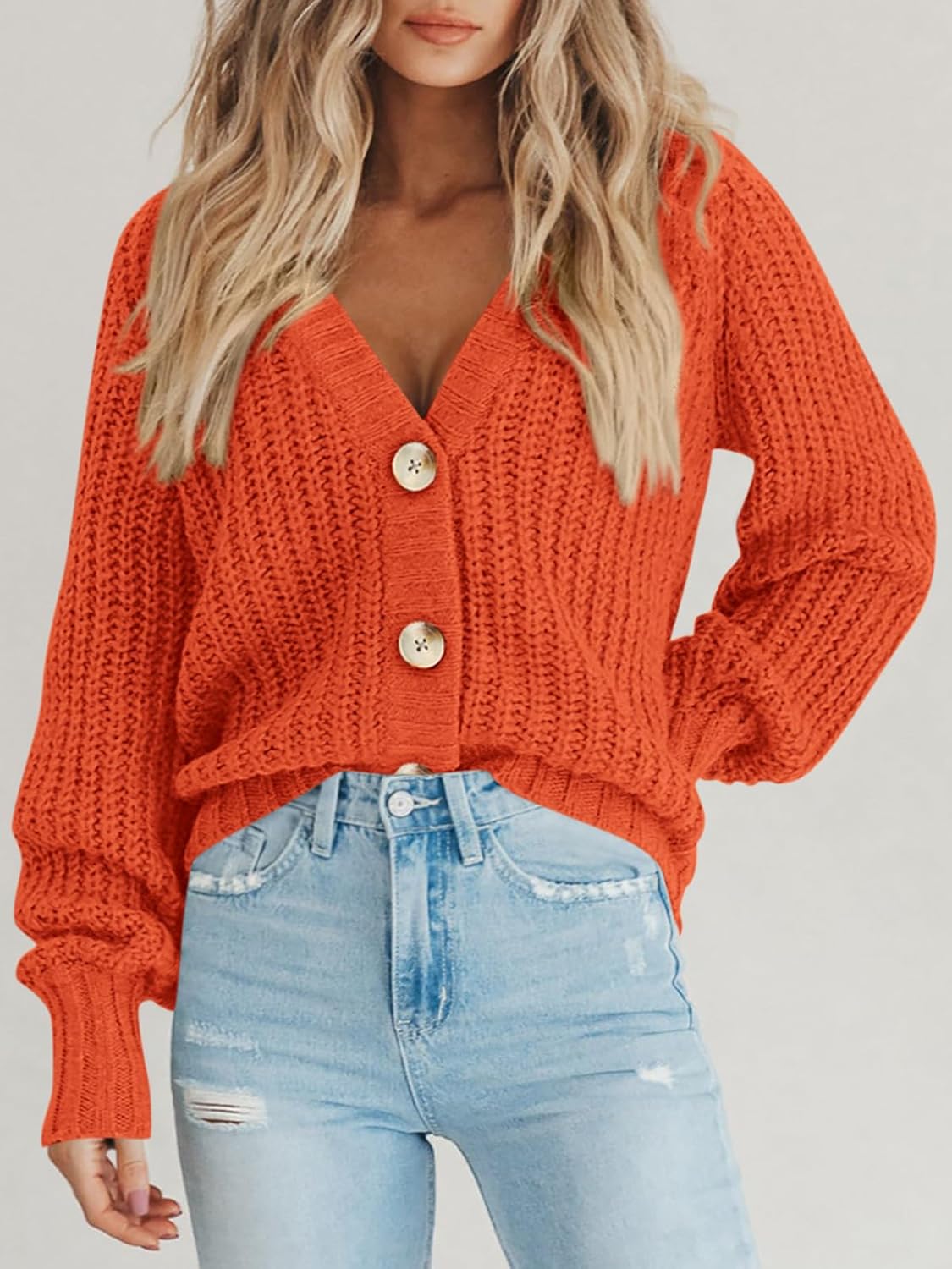 Women's Chunky Knit Cardigan Sweater Long Sleeve Button Loose Cardigan Jacket