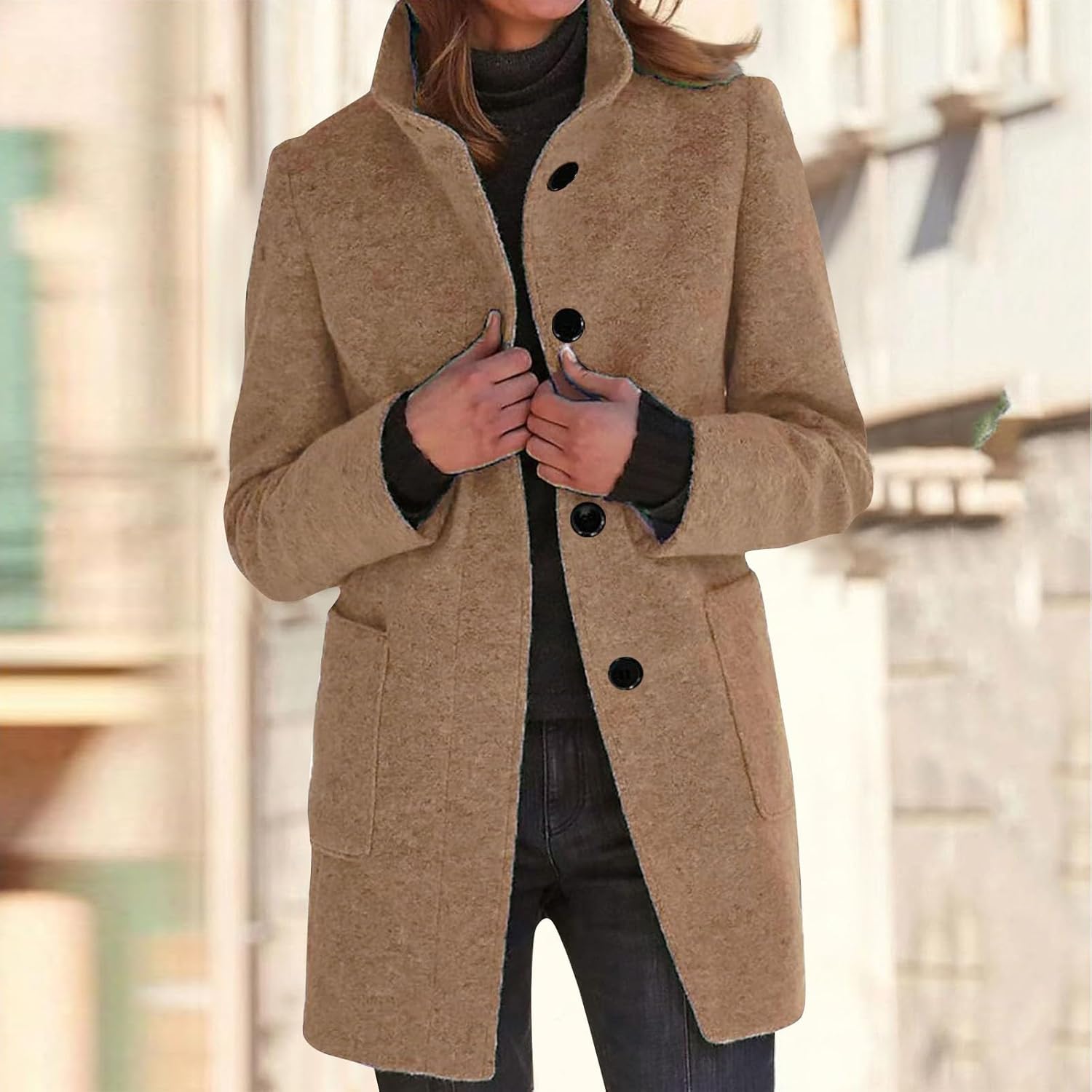 2025🔥Women's Long Casual Solid Color Wool Thicken Long Sleeved Stand-up Coat 