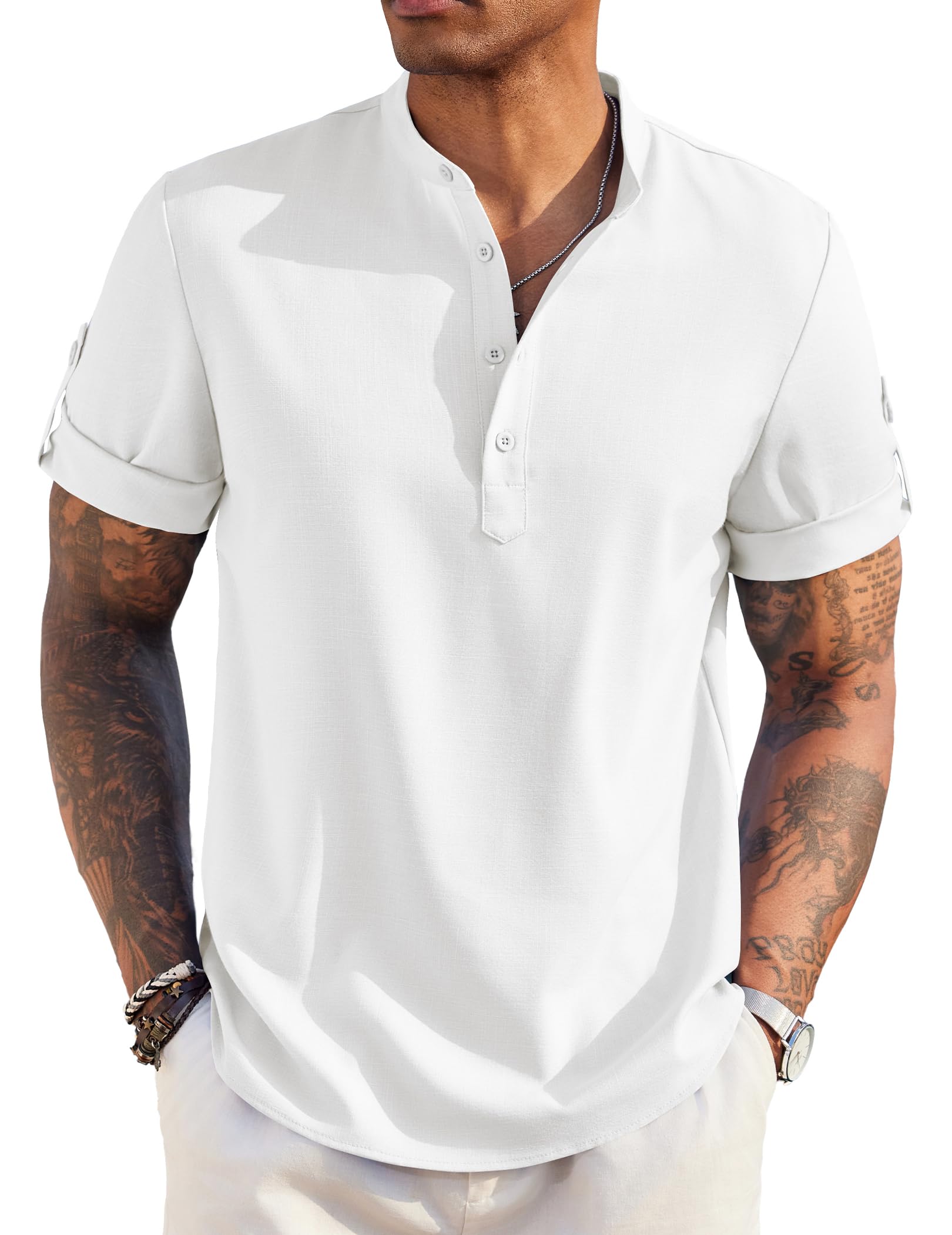 Men's Short-Sleeved Linen Cotton Casual Band Collar Shirt