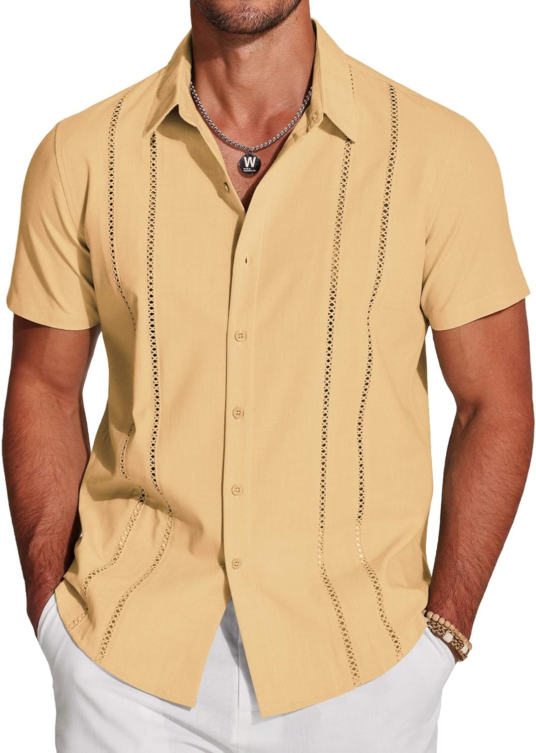 COOFANDY Men's Cuban Guayabera Shirt Short Sleeve Button Down Shirts Casual Summer Beach Linen Shirts