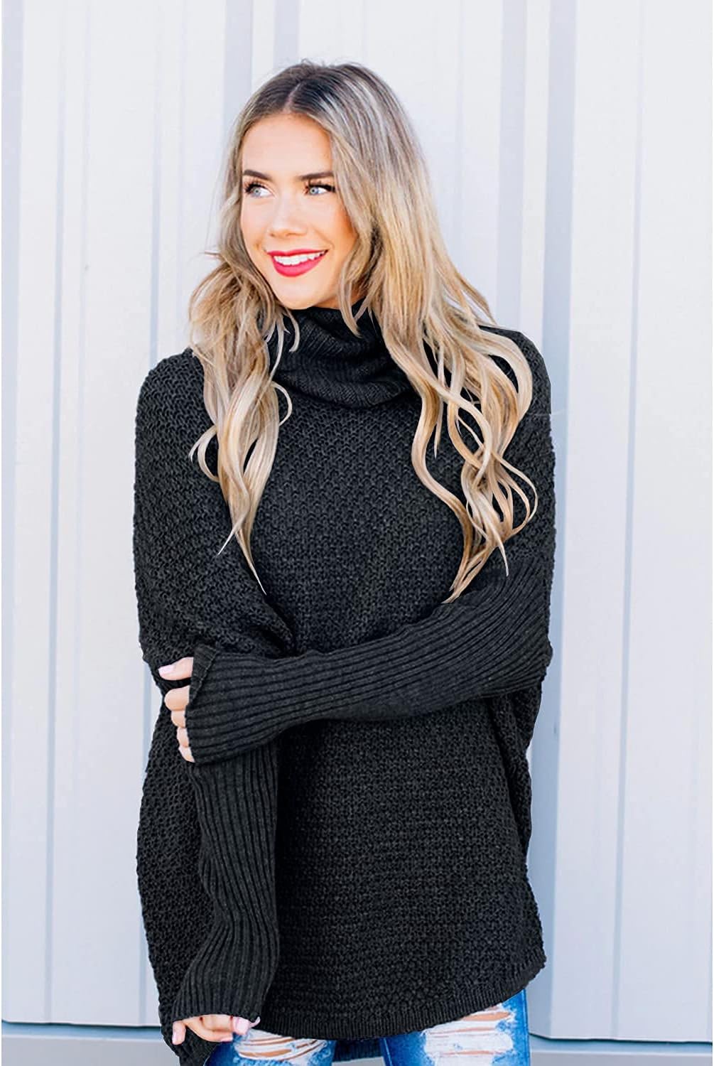 Women's Oversized Turtleneck Long Sleeve Casual Pullover Knit Tunic Sweater