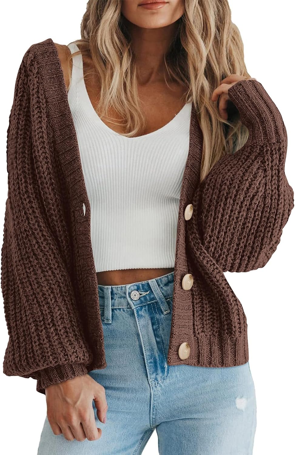 Women's Chunky Knit Cardigan Sweater Long Sleeve Button Loose Cardigan Jacket