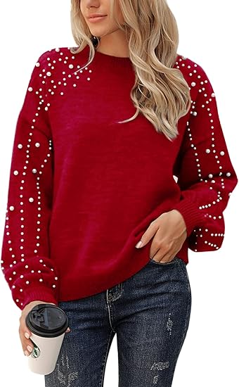 2025 🎄Women's Chunky Knit Round Neck Lantern Sleeve Wide Pearl Sweater