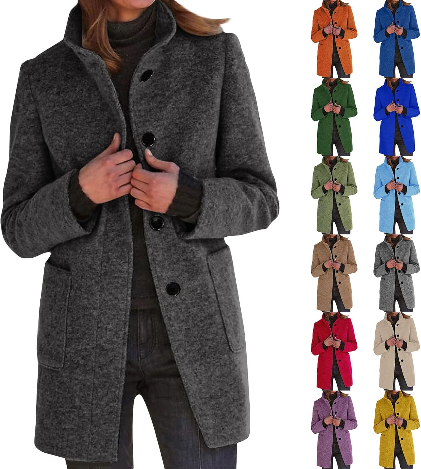 2025🔥Women's Long Casual Solid Color Wool Thicken Long Sleeved Stand-up Coat 