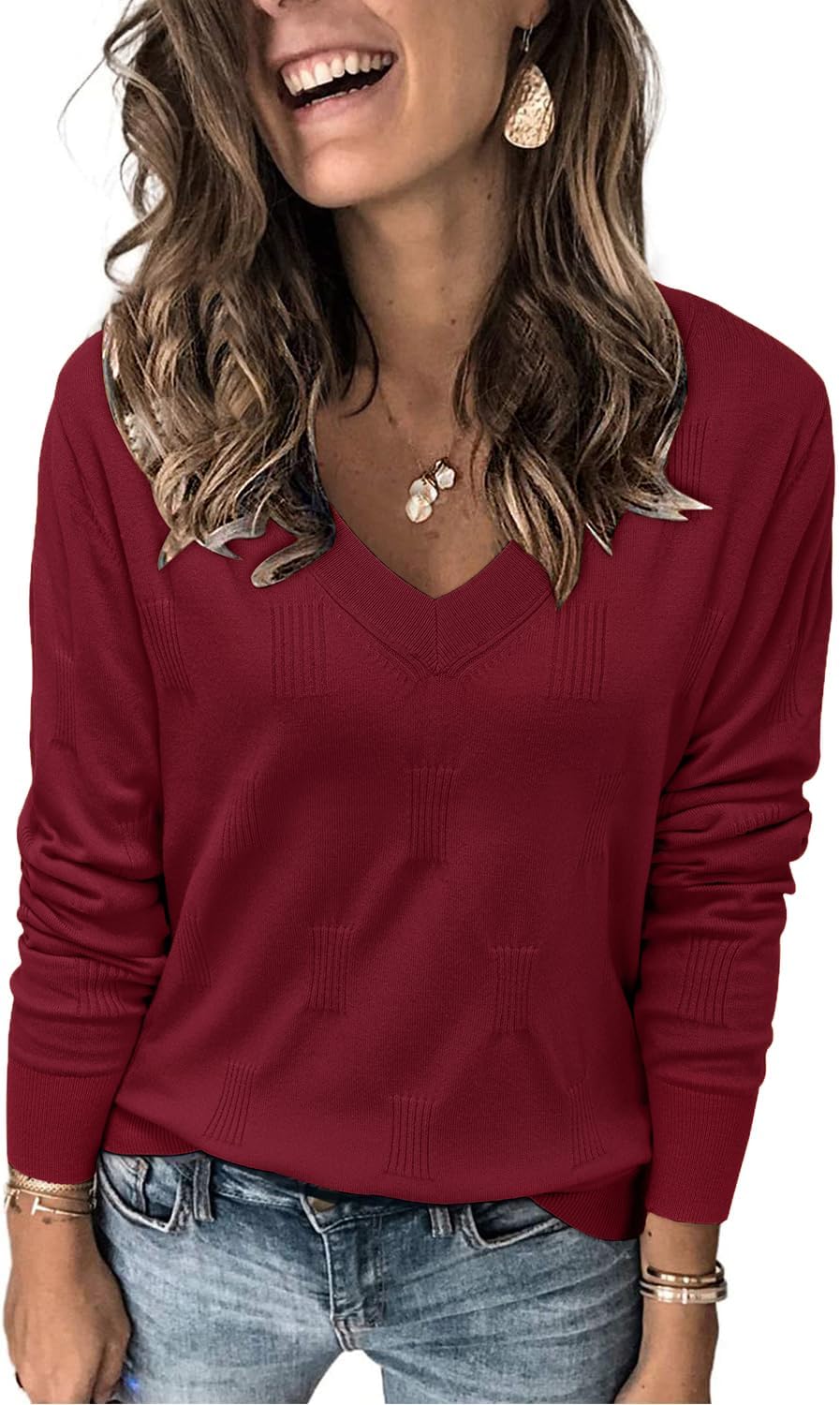 Women's Soft V Neck Long Sleeve Fall Casual Regular Fit Sweater Tops