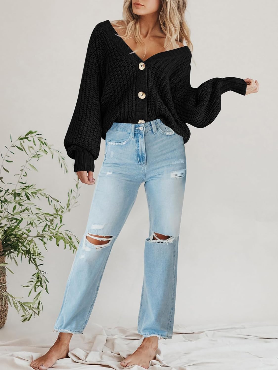 Women's Chunky Knit Cardigan Sweater Long Sleeve Button Loose Cardigan Jacket