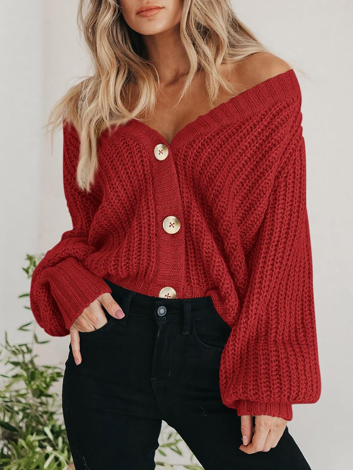 Women's Chunky Knit Cardigan Sweater Long Sleeve Button Loose Cardigan Jacket