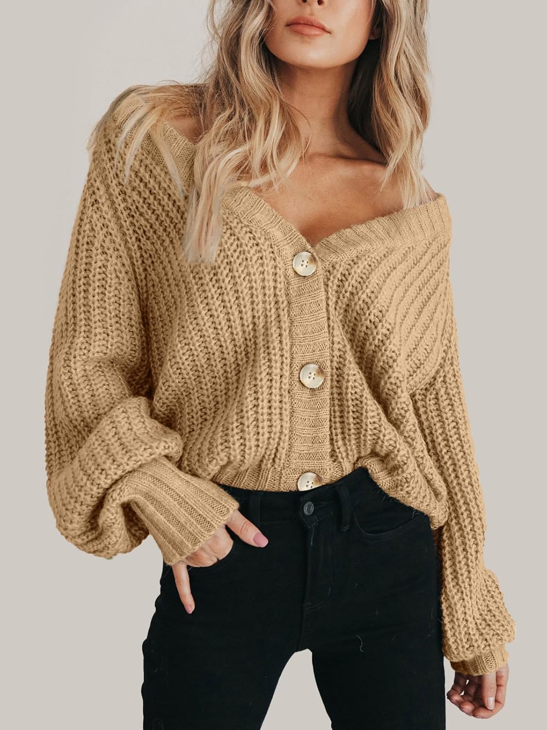 Women's Chunky Knit Cardigan Sweater Long Sleeve Button Loose Cardigan Jacket