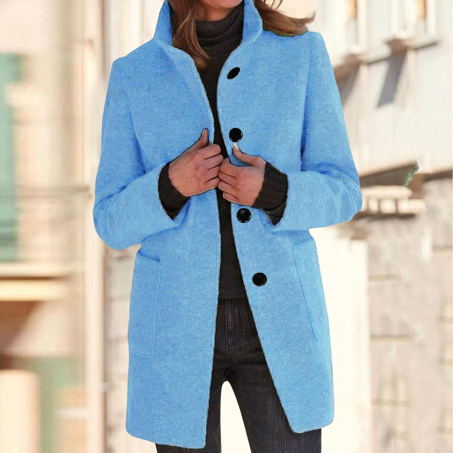 2025🔥Women's Long Casual Solid Color Wool Thicken Long Sleeved Stand-up Coat 