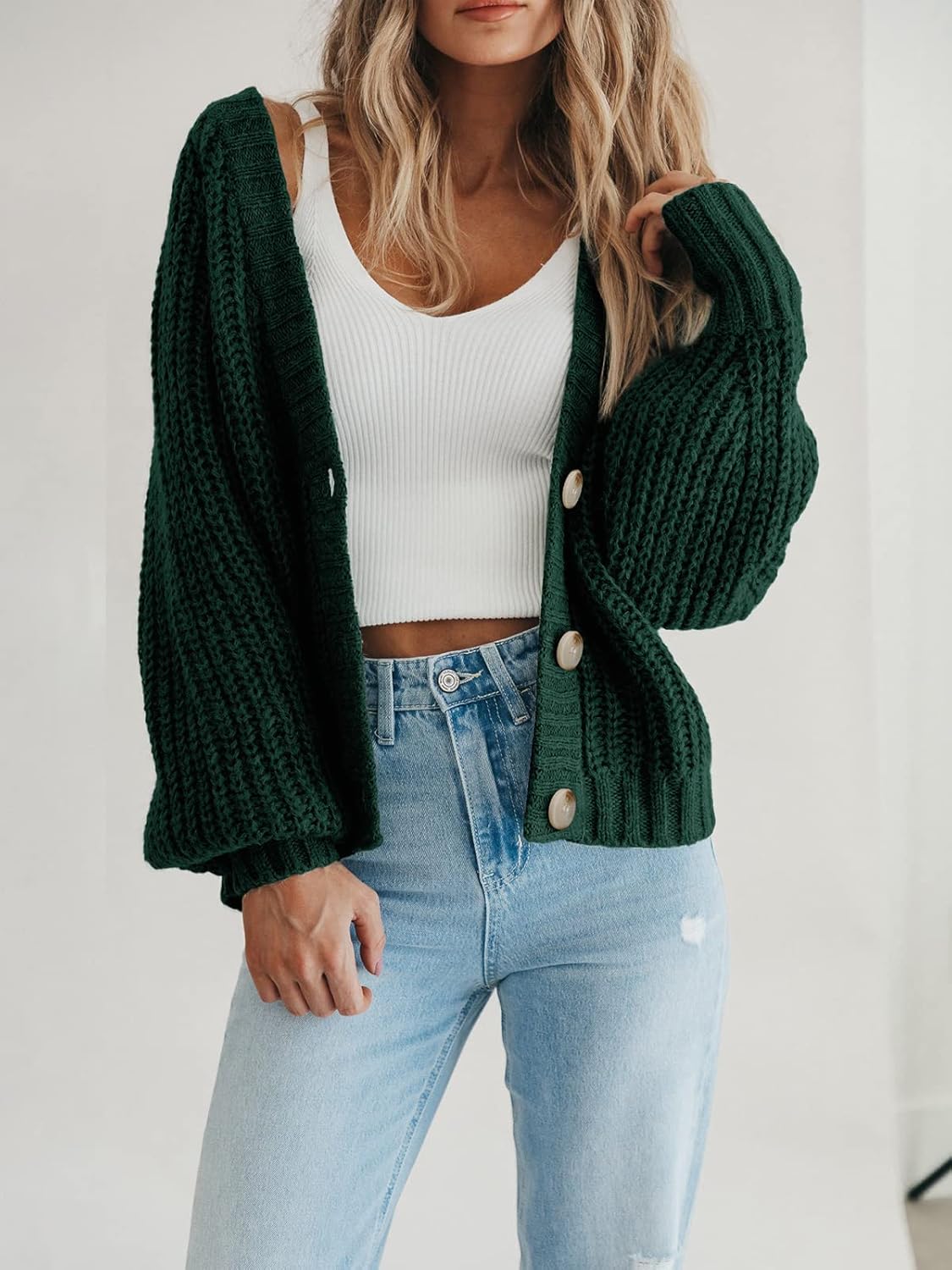Women's Chunky Knit Cardigan Sweater Long Sleeve Button Loose Cardigan Jacket