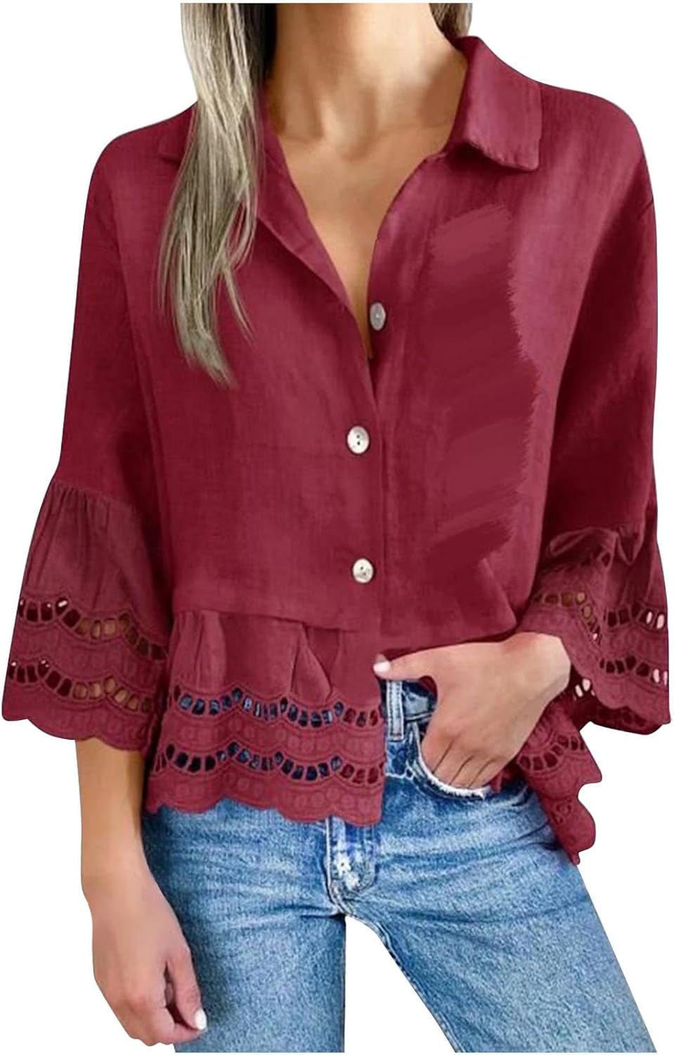 2025 Summer Women's Three-quarter Sleeve Lace Casual Top