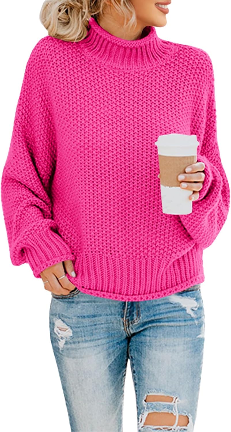 Women's Turtleneck Oversized Sweater Batwing Sleeve Loose Chunky Knit Pullover