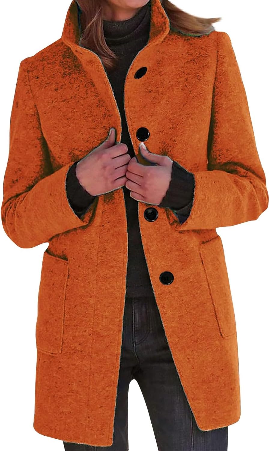 2025🔥Women's Long Casual Solid Color Wool Thicken Long Sleeved Stand-up Coat 