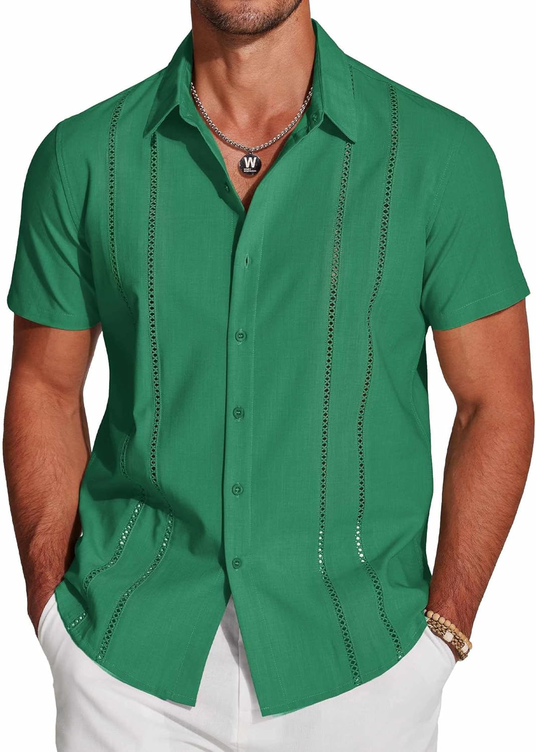 COOFANDY Men's Cuban Guayabera Shirt Short Sleeve Button Down Shirts Casual Summer Beach Linen Shirts