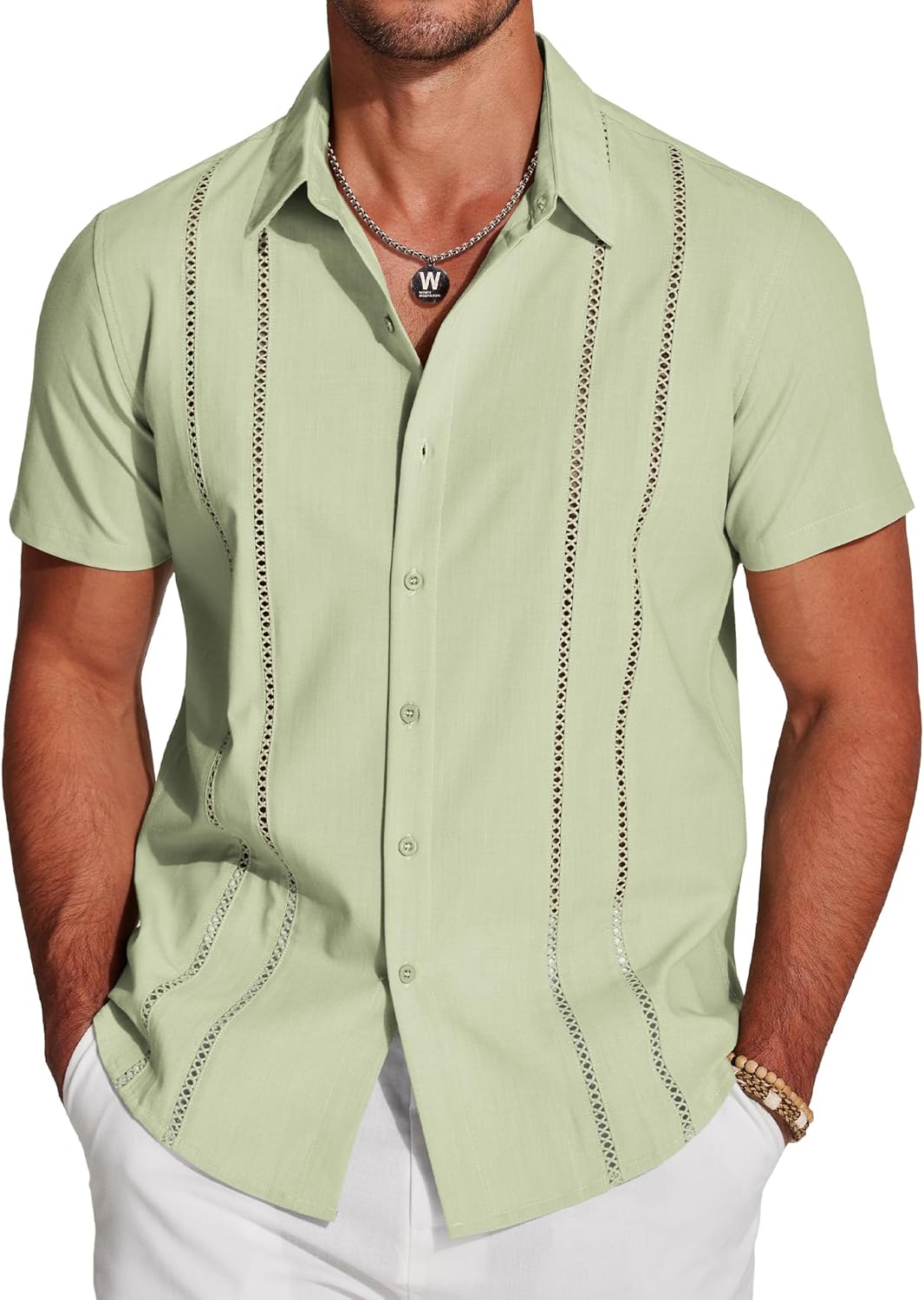 COOFANDY Men's Cuban Guayabera Shirt Short Sleeve Button Down Shirts Casual Summer Beach Linen Shirts