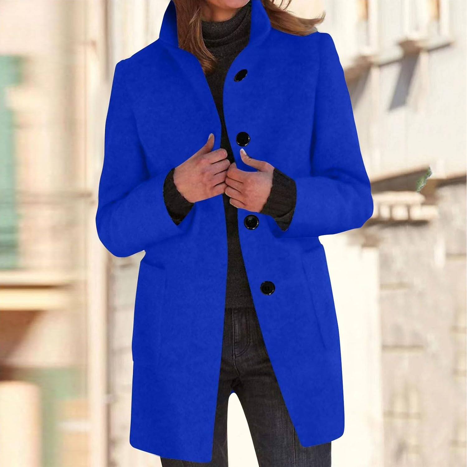 2025🔥Women's Long Casual Solid Color Wool Thicken Long Sleeved Stand-up Coat 