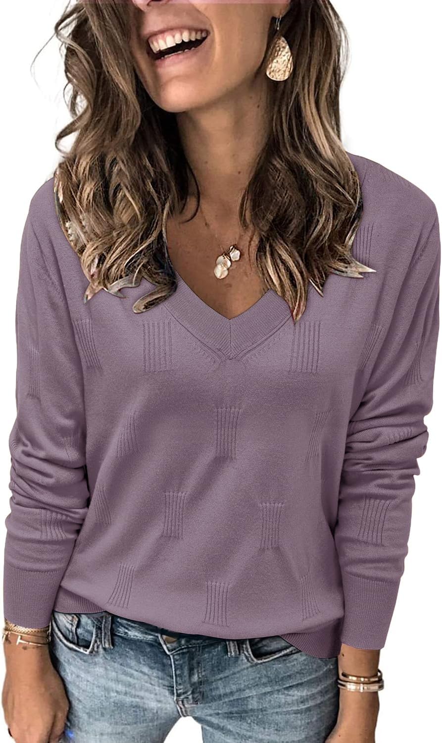 Women's Soft V Neck Long Sleeve Fall Casual Regular Fit Sweater Tops