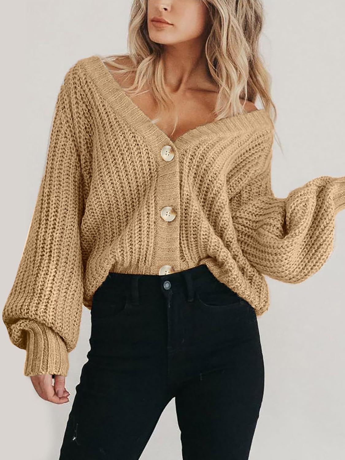 Women's Chunky Knit Cardigan Sweater Long Sleeve Button Loose Cardigan Jacket