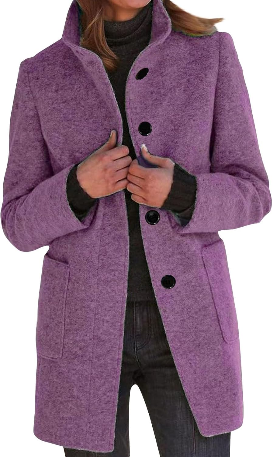 2025🔥Women's Long Casual Solid Color Wool Thicken Long Sleeved Stand-up Coat 