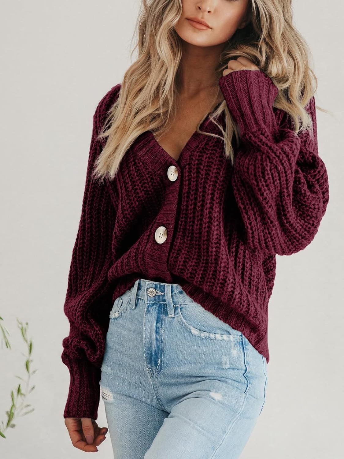 Women's Chunky Knit Cardigan Sweater Long Sleeve Button Loose Cardigan Jacket