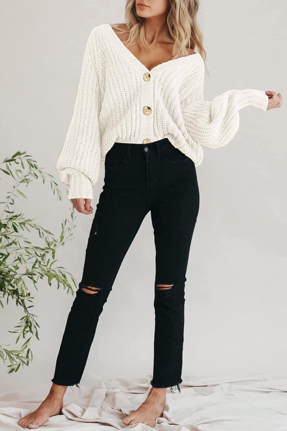 Women's Chunky Knit Cardigan Sweater Long Sleeve Button Loose Cardigan Jacket