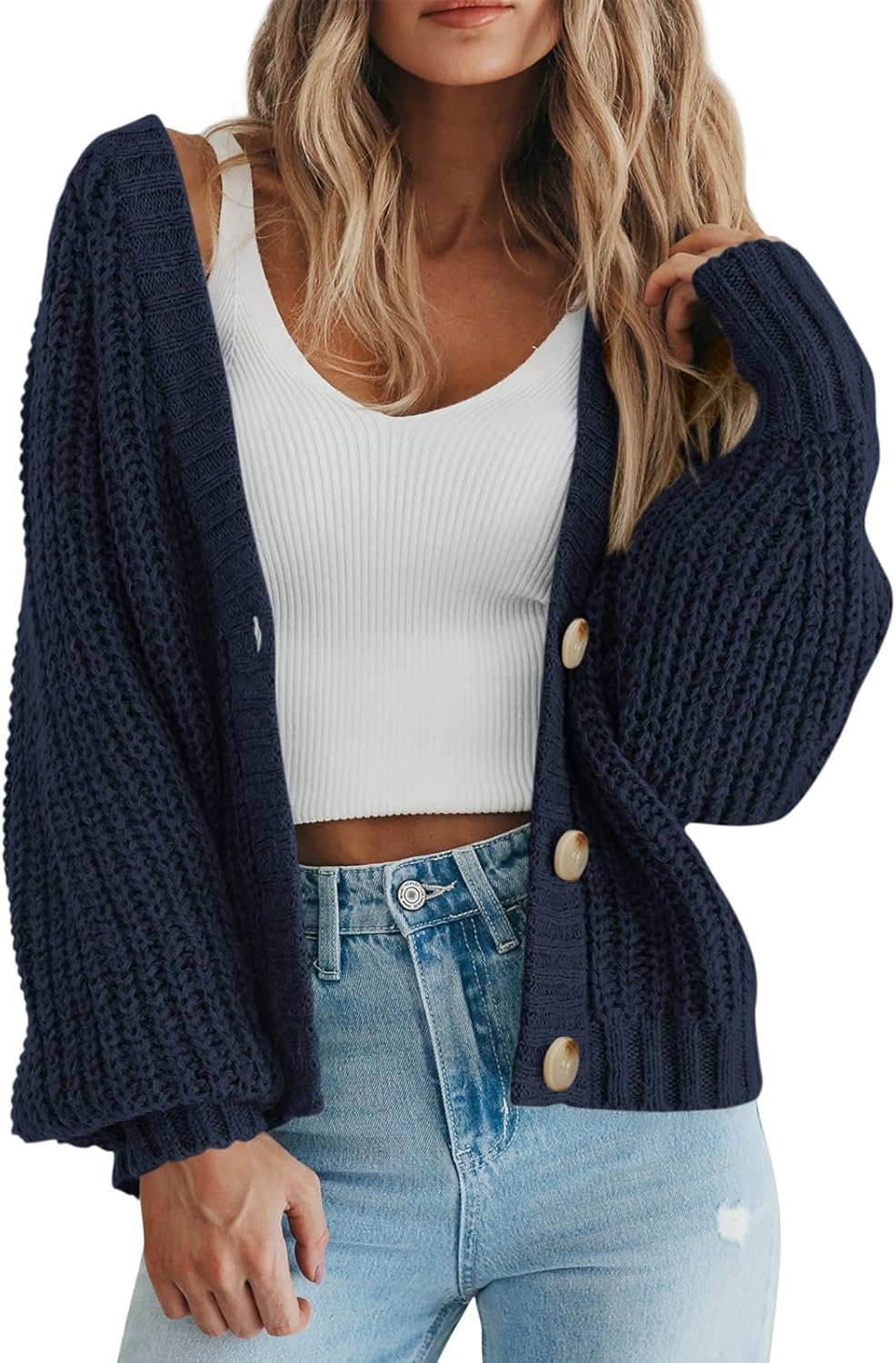 Women's Chunky Knit Cardigan Sweater Long Sleeve Button Loose Cardigan Jacket