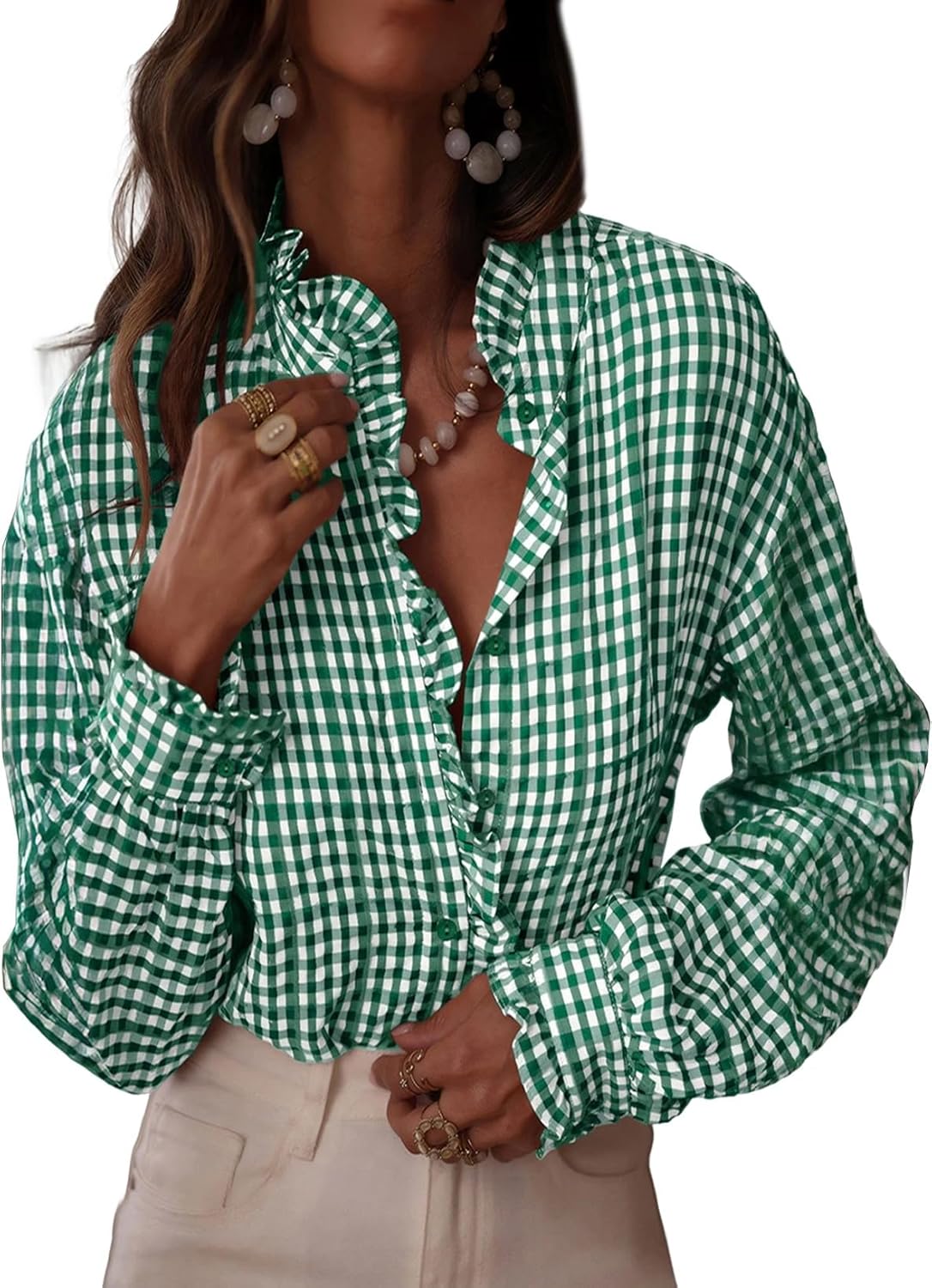 Fashionable women's plaid ruffle button-down shirt