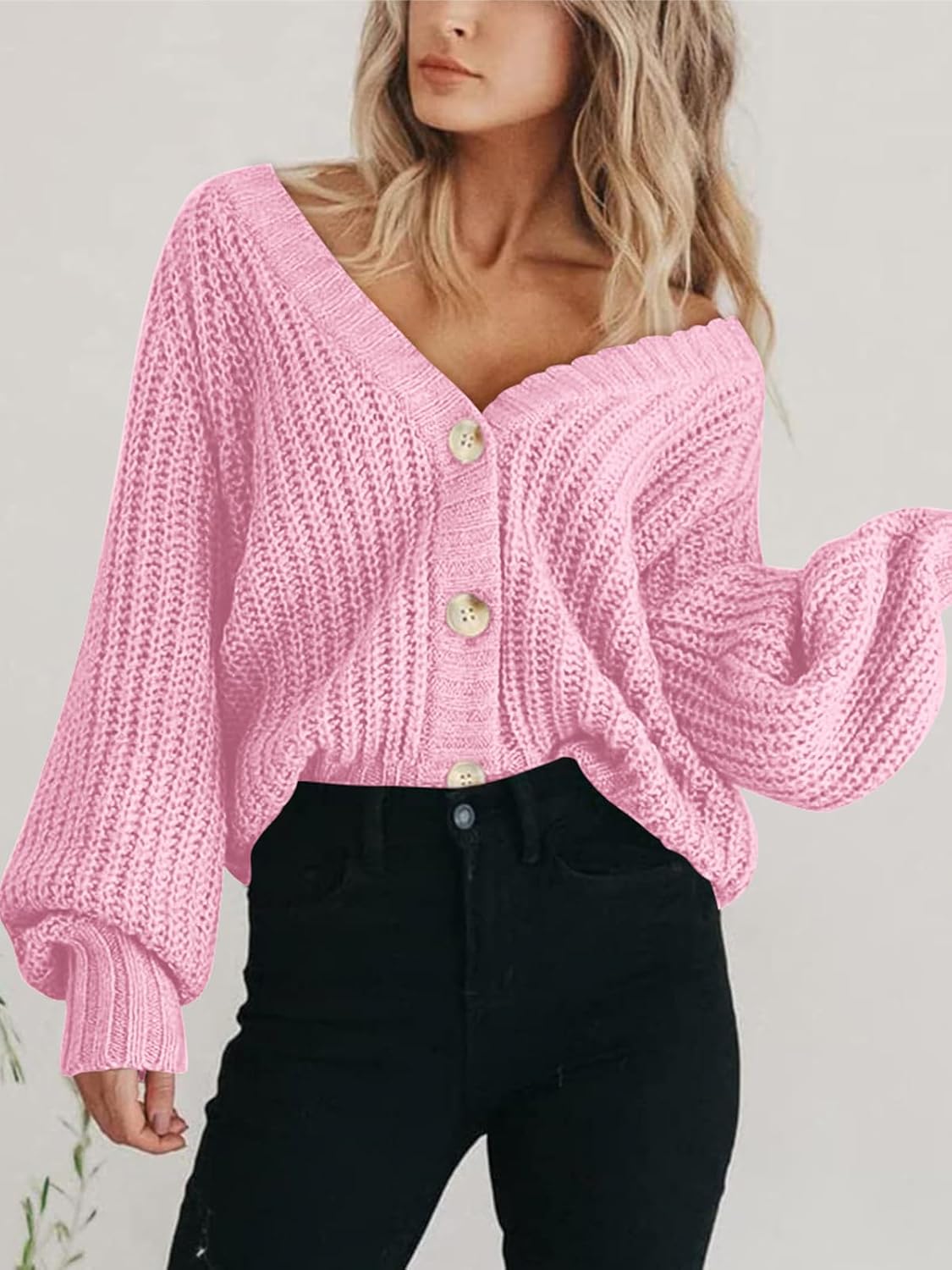 Women's Chunky Knit Cardigan Sweater Long Sleeve Button Loose Cardigan Jacket