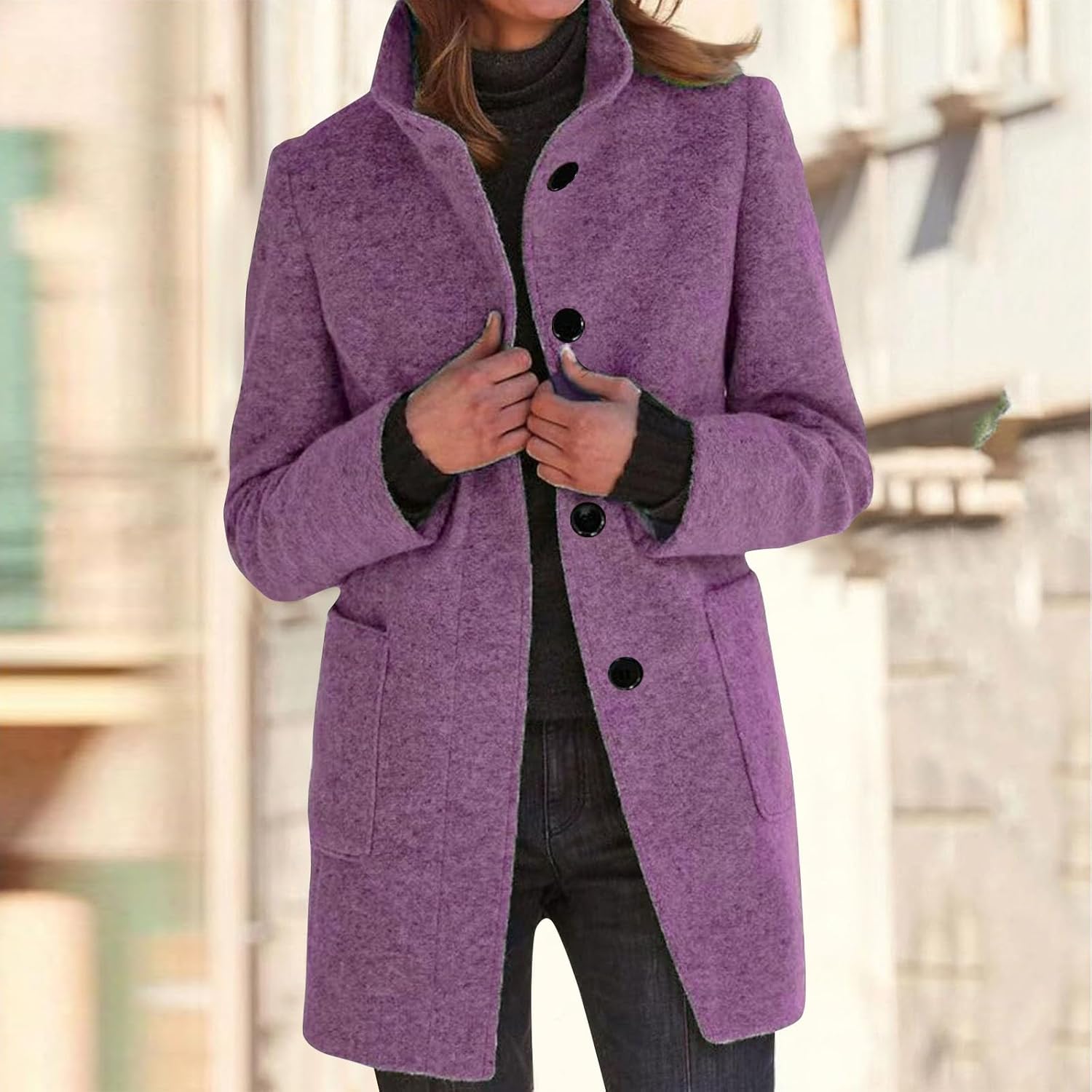 2025🔥Women's Long Casual Solid Color Wool Thicken Long Sleeved Stand-up Coat 