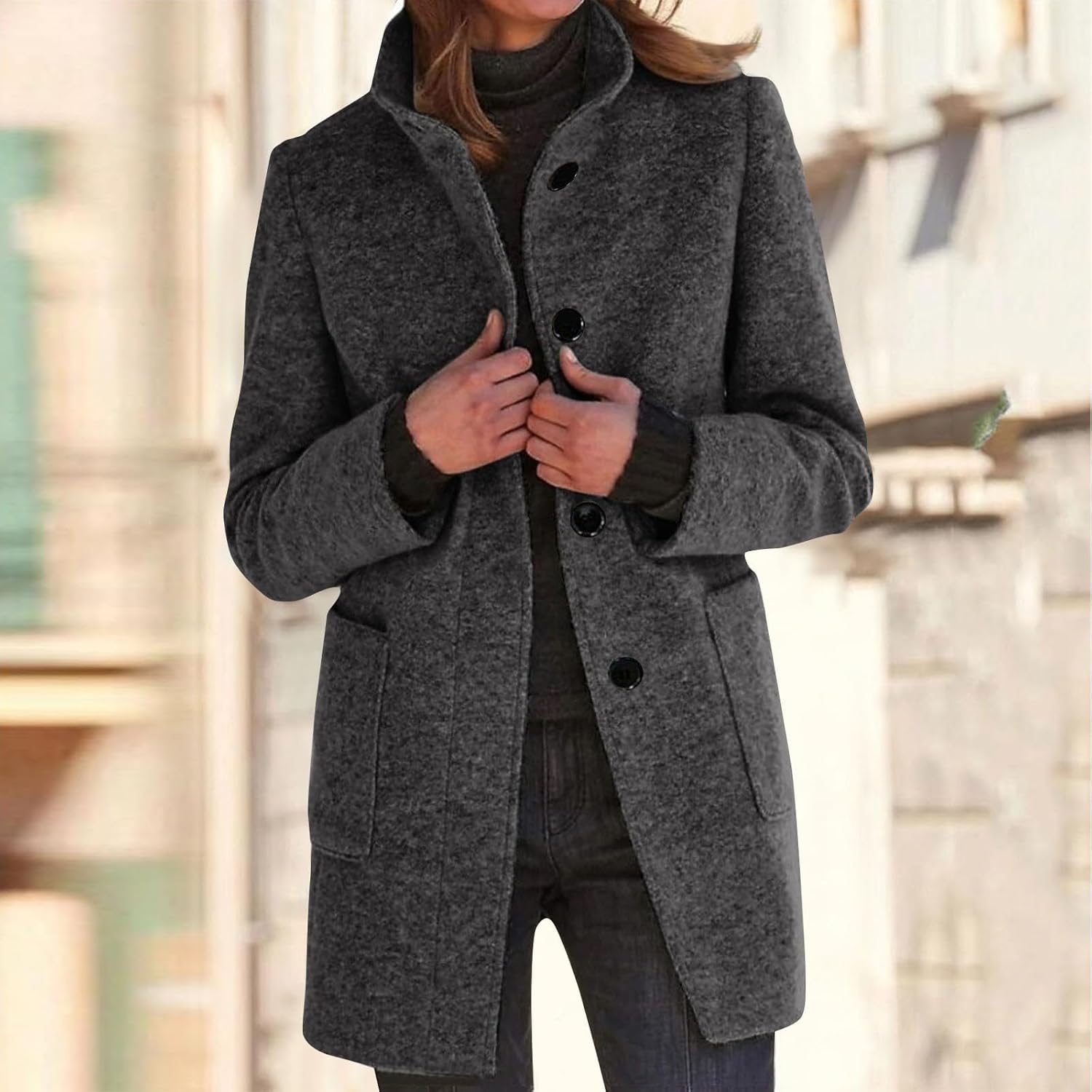 2025🔥Women's Long Casual Solid Color Wool Thicken Long Sleeved Stand-up Coat 