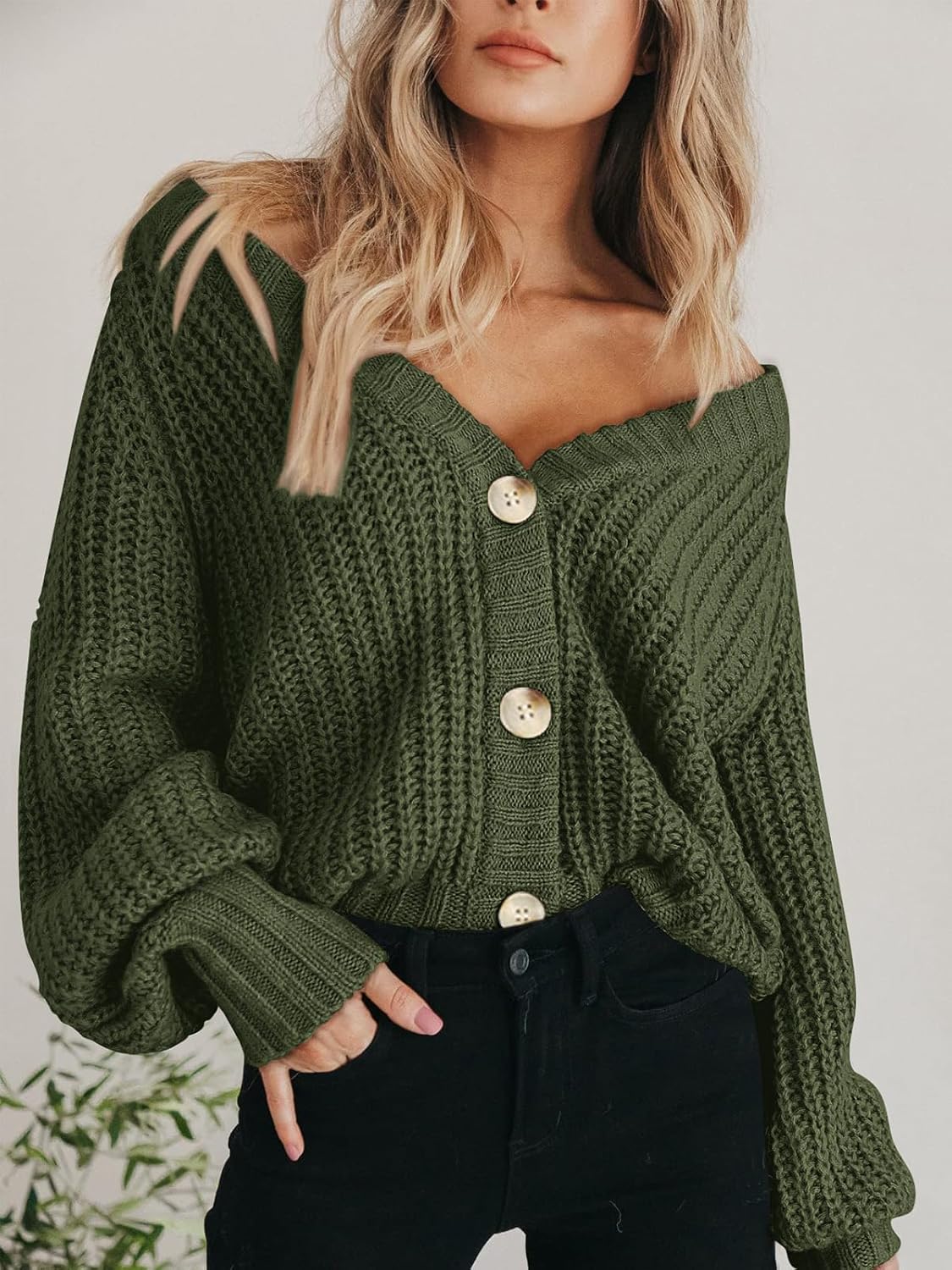 Women's Chunky Knit Cardigan Sweater Long Sleeve Button Loose Cardigan Jacket