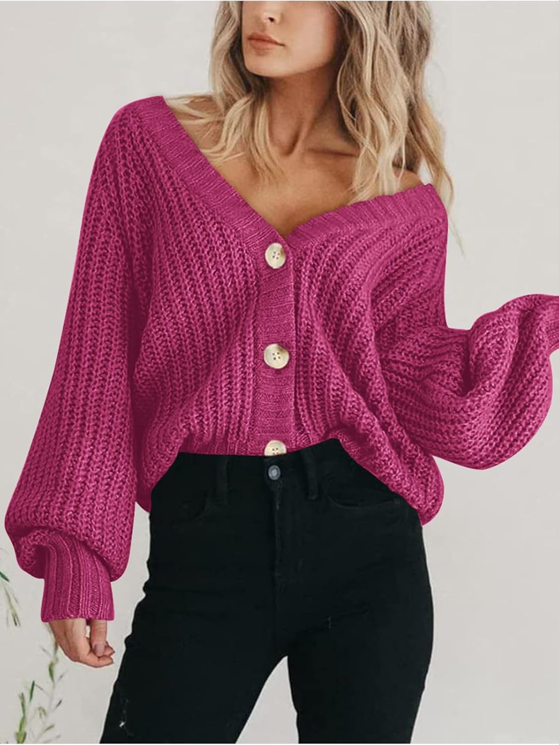 Women's Chunky Knit Cardigan Sweater Long Sleeve Button Loose Cardigan Jacket