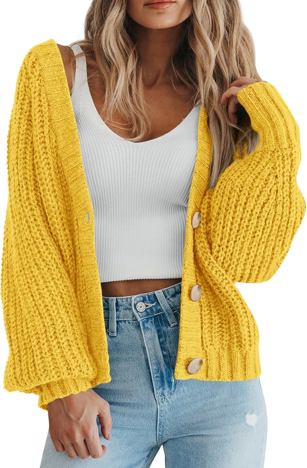 Women's Chunky Knit Cardigan Sweater Long Sleeve Button Loose Cardigan Jacket