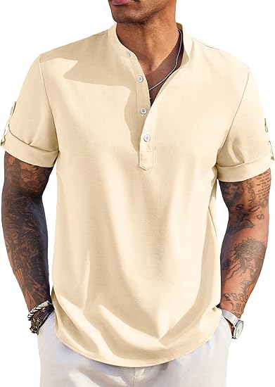 Men's Short-Sleeved Linen Cotton Casual Band Collar Shirt
