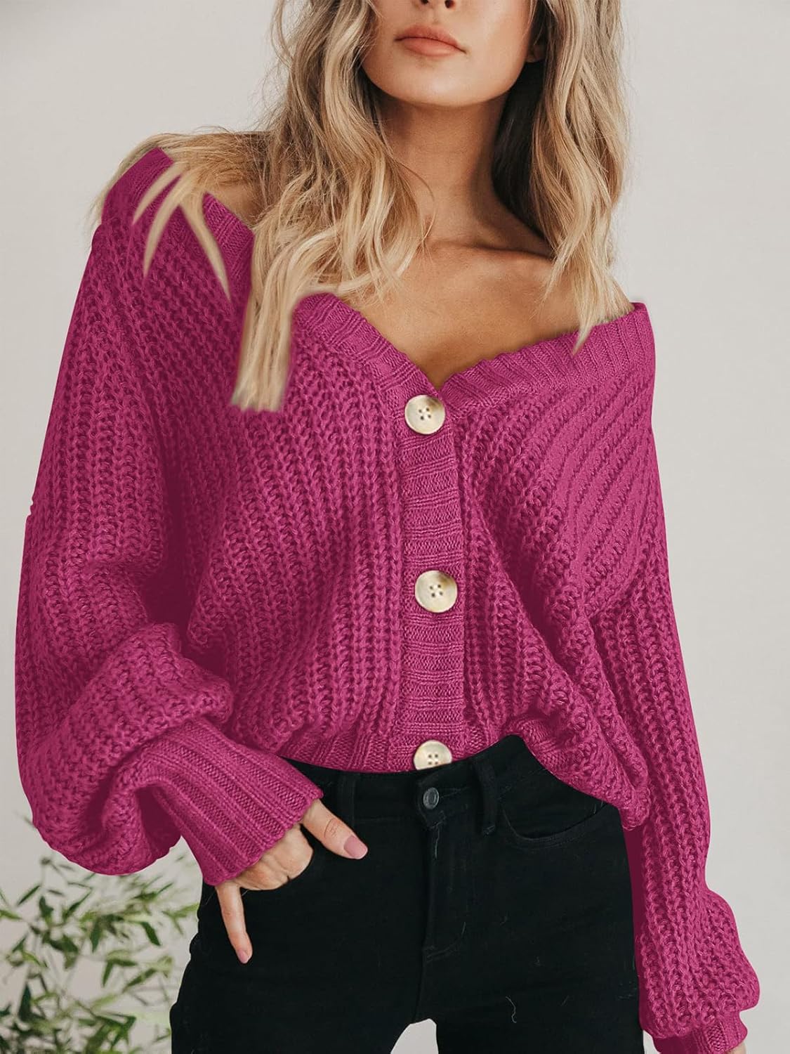 Women's Chunky Knit Cardigan Sweater Long Sleeve Button Loose Cardigan Jacket