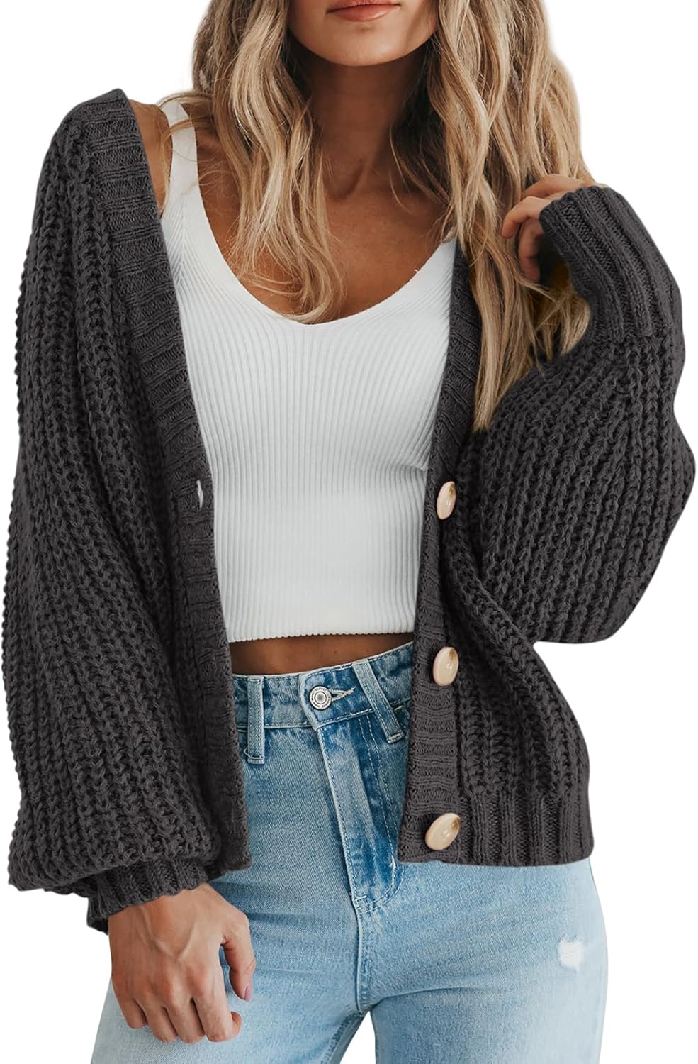Women's Chunky Knit Cardigan Sweater Long Sleeve Button Loose Cardigan Jacket