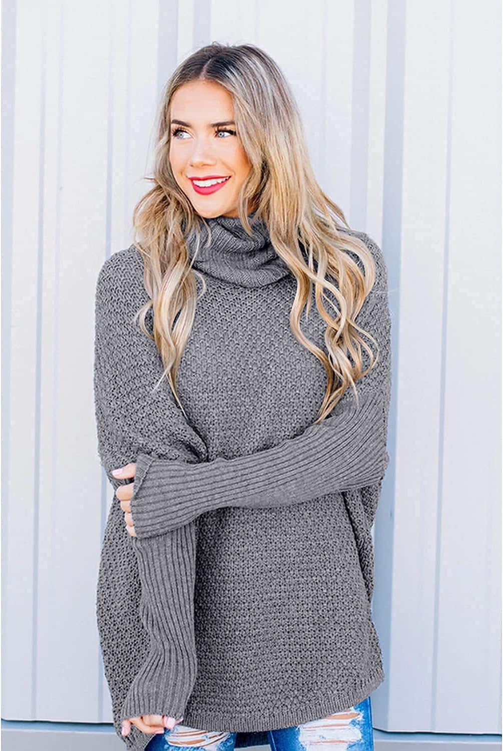 Women's Oversized Turtleneck Long Sleeve Casual Pullover Knit Tunic Sweater