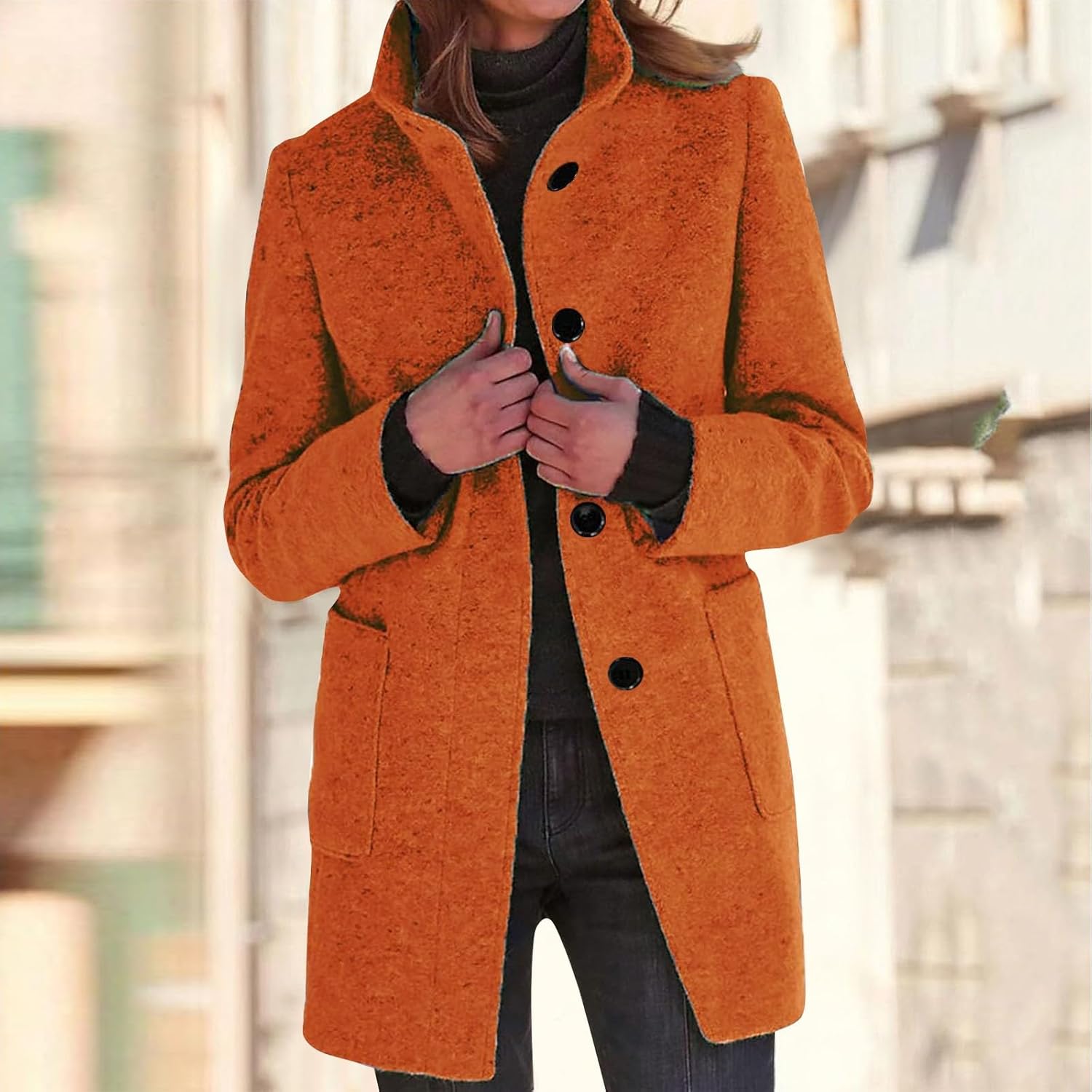 2025🔥Women's Long Casual Solid Color Wool Thicken Long Sleeved Stand-up Coat 