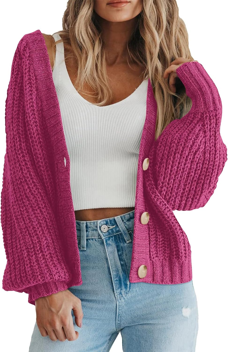 Women's Chunky Knit Cardigan Sweater Long Sleeve Button Loose Cardigan Jacket