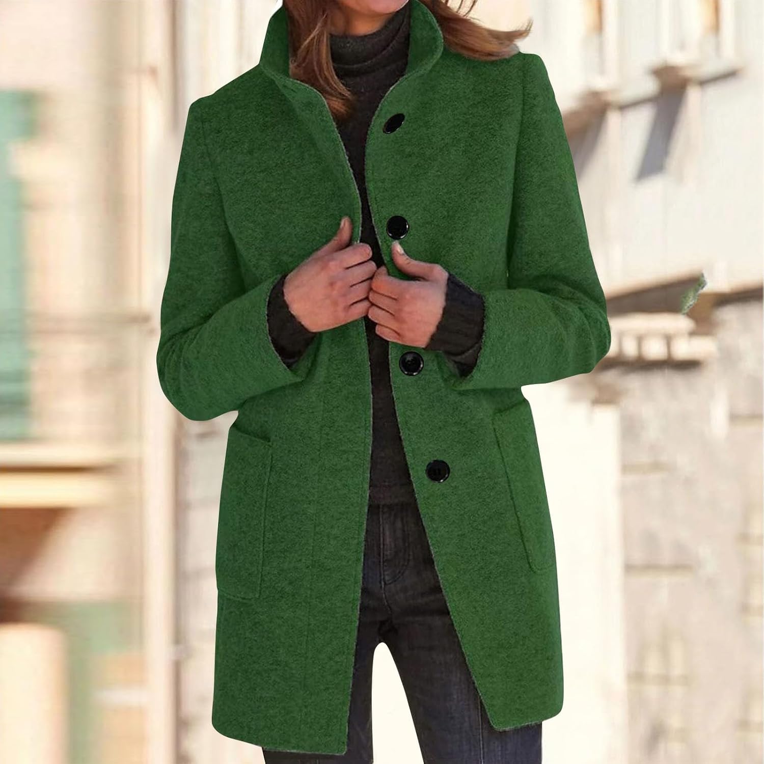 2025🔥Women's Long Casual Solid Color Wool Thicken Long Sleeved Stand-up Coat 