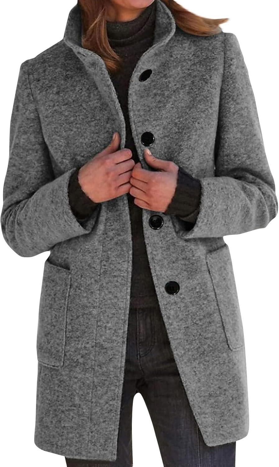 2025🔥Women's Long Casual Solid Color Wool Thicken Long Sleeved Stand-up Coat 