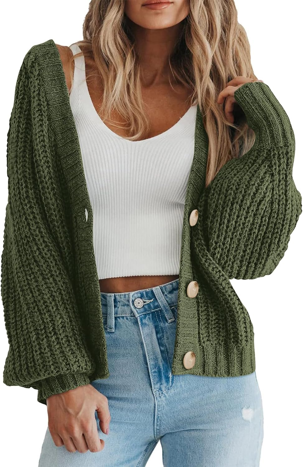 Women's Chunky Knit Cardigan Sweater Long Sleeve Button Loose Cardigan Jacket