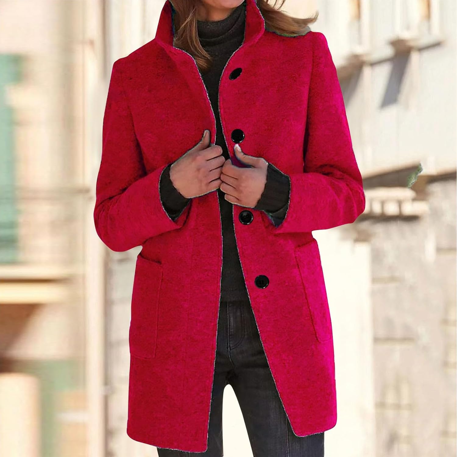 2025🔥Women's Long Casual Solid Color Wool Thicken Long Sleeved Stand-up Coat 