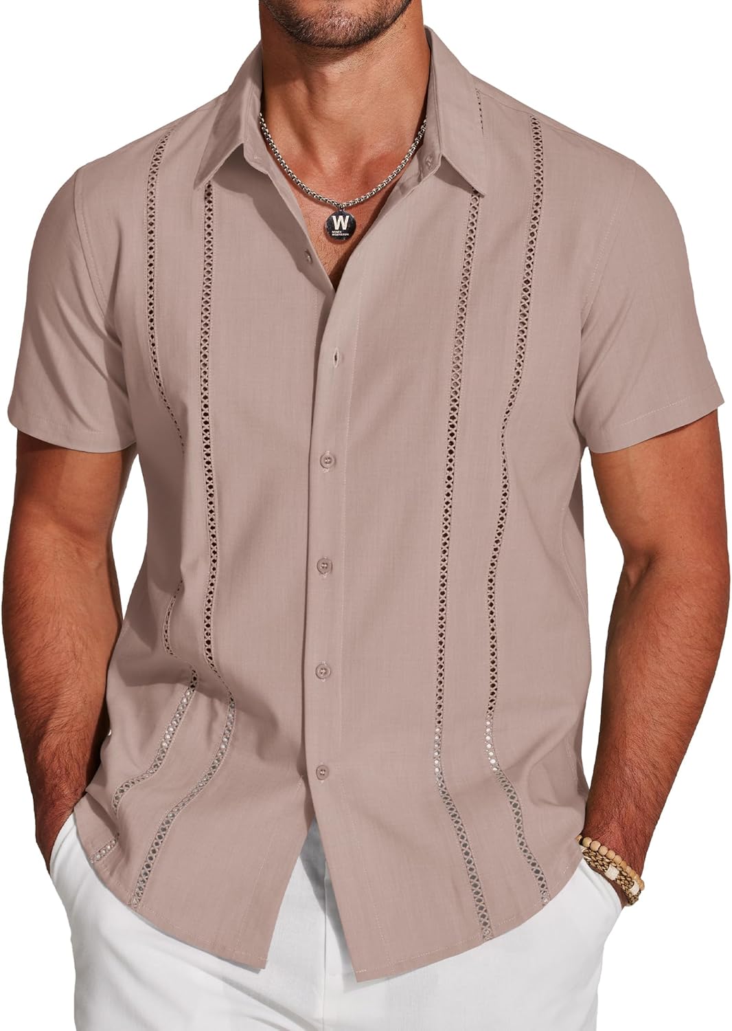 COOFANDY Men's Cuban Guayabera Shirt Short Sleeve Button Down Shirts Casual Summer Beach Linen Shirts