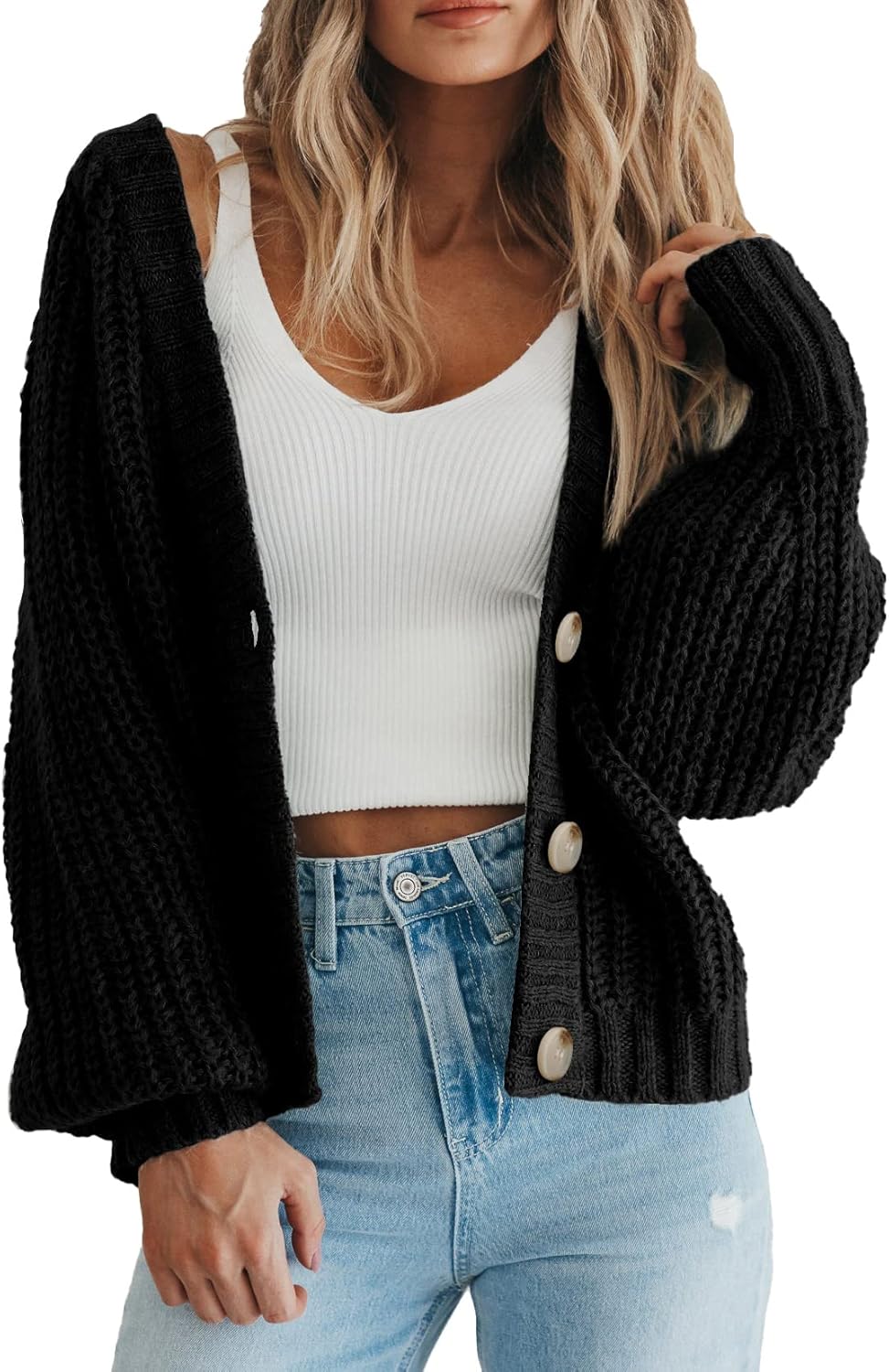 Women's Chunky Knit Cardigan Sweater Long Sleeve Button Loose Cardigan Jacket