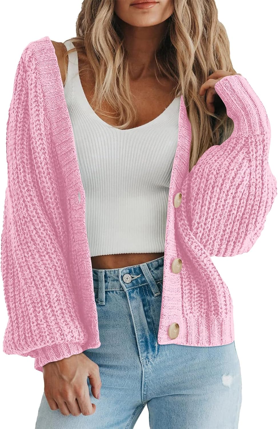 Women's Chunky Knit Cardigan Sweater Long Sleeve Button Loose Cardigan Jacket