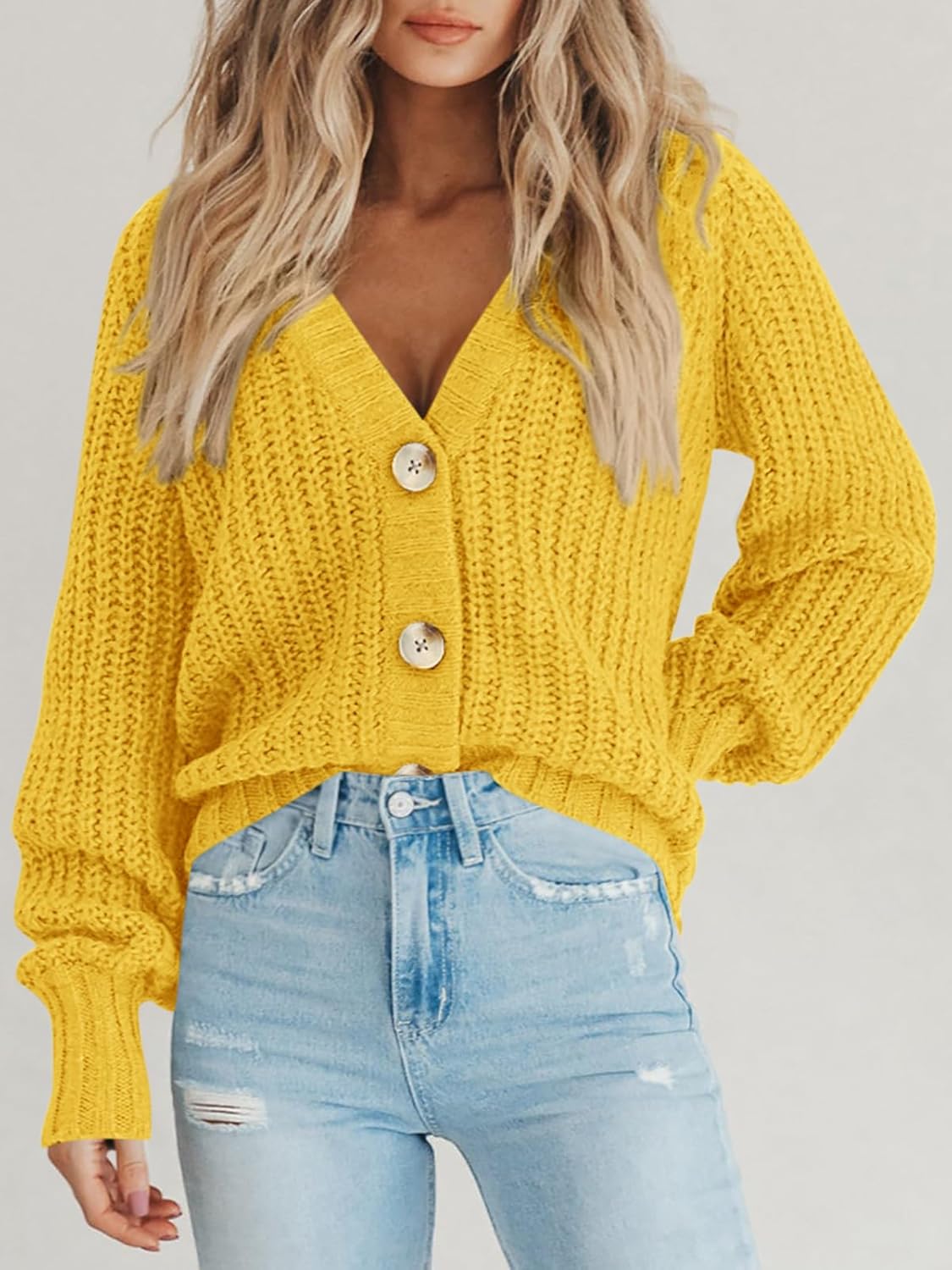 Women's Chunky Knit Cardigan Sweater Long Sleeve Button Loose Cardigan Jacket